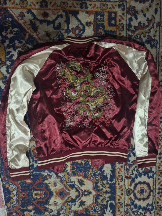 Red Fox Jackets & Blazers - Embroidered SAKUJAN Bomber Dragon Satin Bomber Jacket - Burgundy & Cream SMALL